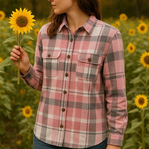 Source Unknown Tops - Pink & Gray Plaid Button-Down Long Sleeve Shirt
